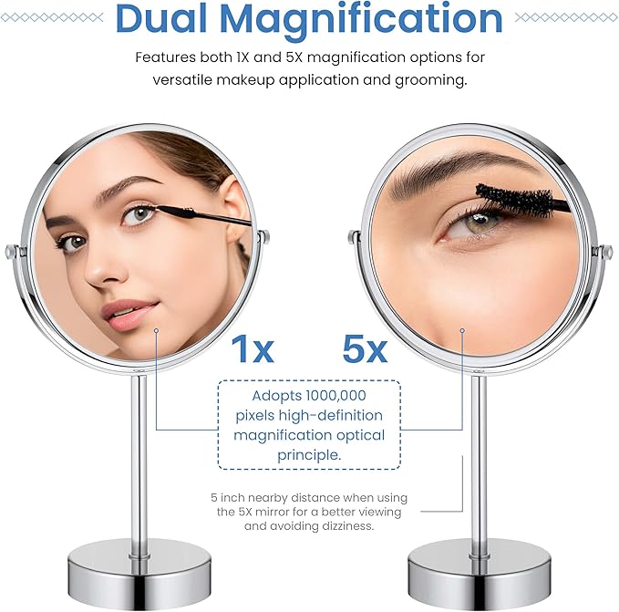 KIBI Free Standing Magnifying Makeup Mirror | Dual-Sided 1X/5X Magnification | 360° Rotating Vanity Mirror for Precise Grooming, Skincare & Beauty (Chrome, KMM103)
