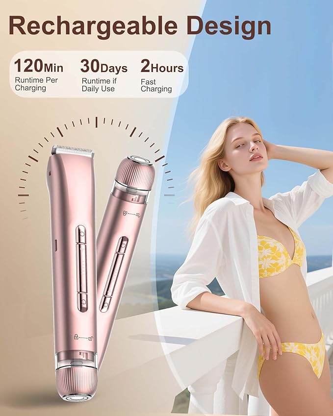 Bikini Trimmer for Women - Electric Razors for Women | Dual Head Electric Shaver for Ladies for Facial Hair Removal, IPX7 Waterproof, Painless & Flawless, USB Rechargeable, for Face, Bikini, Body, Leg