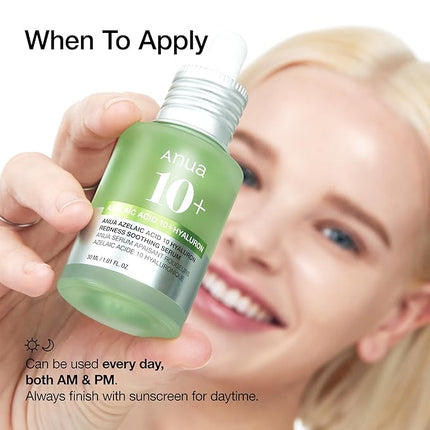 Anua Azelaic Acid 10 Hyaluron Redness Soothing Serum, Facial Serum for Blemish-Prone & Sensitive Skin, Lightweight & Hydrating Blemish Care, Hyaluronic Acid, Korean Skincare, 1.01 fl oz.