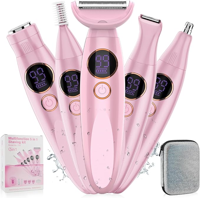 5 in 1 Bikini Trimmer for Women,IPX7 Waterproof Cordless Replaceable Pubic,Eyebrow,Facial Electric Razors&Nose Hair Trimmer&Painless Body Shaver for Arms Legs Underarms,USB Charge,LED Display,Wet&Dry