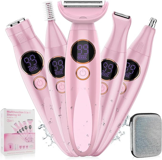 5 in 1 Bikini Trimmer for Women,IPX7 Waterproof Cordless Replaceable Pubic,Eyebrow,Facial Electric Razors&Nose Hair Trimmer&Painless Body Shaver for Arms Legs Underarms,USB Charge,LED Display,Wet&Dry