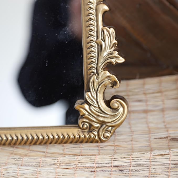 Vintage Bronze Vanity Makeup Bronze Desk Mirror - Antique Gold Finish - Elegant Wood Framed Standing Carved Mirror for Living Room, Bedroom, and Tabletop - 11.8" x 9.6" - Classic Chic Arch Design