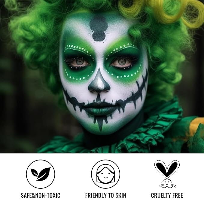BOBISUKA White Black Green Face Paint + 3PC Sponge + Brush Body Paint Set, Colored Eye Black for Baseball Softball Sport Games, Zombie, Monster Face Painting Kit for Halloween, Cosplay, Costume, SFX Special Effect and Theme Parties