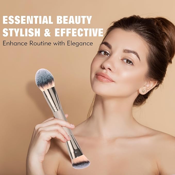 Dual-Ended Foundation Brush: Round & Angled Pro-Grade makeup brushes, 100% Vegan Synthetic Makeup Brush for Flawless Blending and Application of Liquid, Powder, Cream, Blush (Round Dual-Ended)