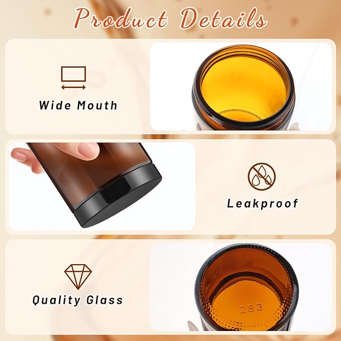 8 Pcs Amber Glass Cream Jar Refillable Empty Cosmetic Storage Bottle Sample Container Pot with Black Lids for Make Up Lotion Face Cream - 270ml/9oz