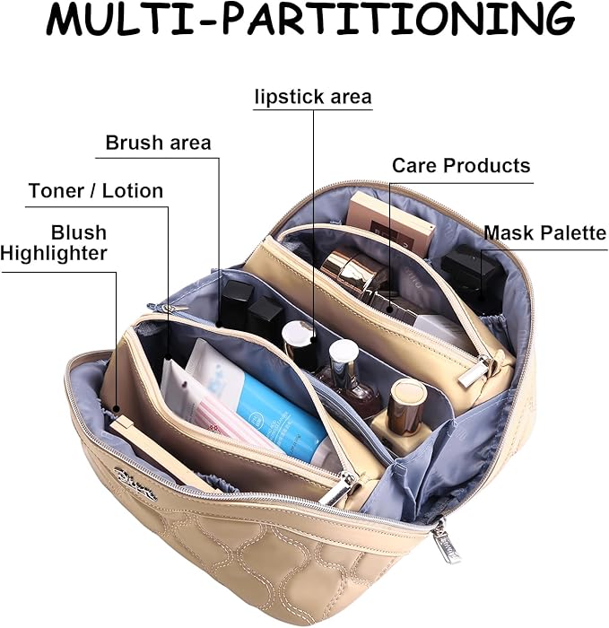 Travel Makeup Bags for Women Cosmetic Bag: Puffy Make up Bags Set of 3 - Vegan Leather Makeup Organizer - Waterproof Large Toiletry Bag with Compartments - Travel Essentials (Khaki)