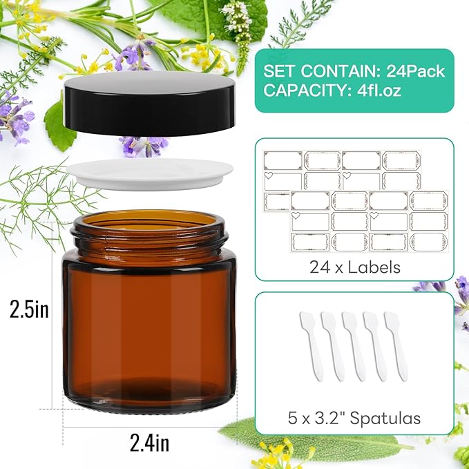4 oz Amber Round Glass Jars with Black Lids 24 Pack- Portable Empty Glass Containers with Inner Liners for Cosmetic, Food Storage, Body Butters, Body Butter, Candle Jars