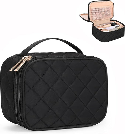Relavel Small Makeup Bag, Travel Cosmetic Bag with Makeup Brush Compartment, Cute Make Up Pouch for Women, Double Layer Toiletry Organizer for Short Trip, Office - Black
