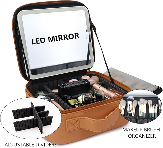 Travel Makeup Bag with LED Mirror Travel Makeup Organizer with 3 Lighted Settings, Adjustable Dividers and Makeup Brush Storage Bag Caramel