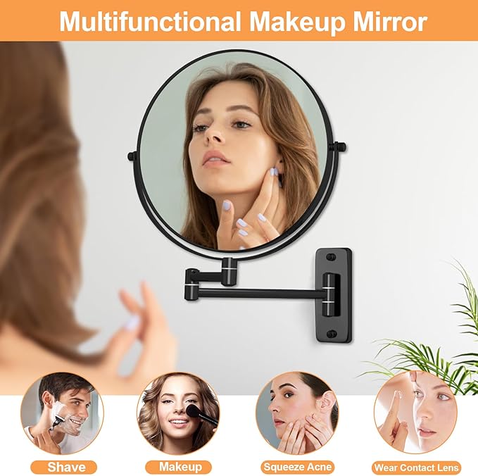8" Wall Mounted Magnifying Makeup Mirror, 1X/10X Double-Sided Shaving Mirror with 360° Swivel & Extendable Arm for Bathroom Vanity, Black - No Light