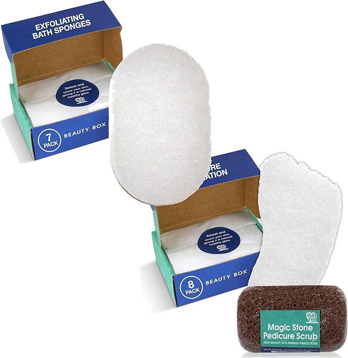 HartFelt Exfoliation Beauty Box Bundle with Body and Foot Scrub Exfoliating Bath Sponges and Magic-Stone Pedicure Scrubs