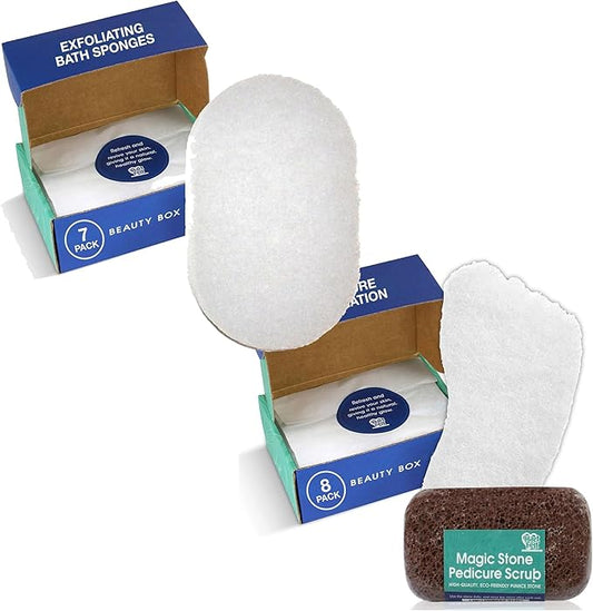 HartFelt Exfoliation Beauty Box Bundle with Body and Foot Scrub Exfoliating Bath Sponges and Magic-Stone Pedicure Scrubs