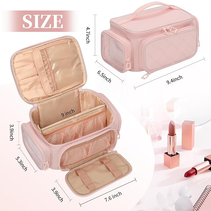 OCHEAL Large Makeup Bag,Cosmetic Organizer for Women with Zipper Pouch and Side Pocket, Multifunctional Compartments and Dividers,Travel Makeup Case for Toiletries, Brushes & Beauty Tools-Pink