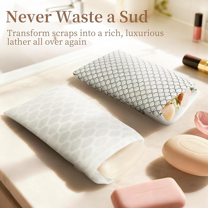 zelin Soap Saver Bag, 2 Pack Exfoliating Bath Sponge With Dual-Layer Honeycomb Mesh, Bar Soap Pouch for Frothing And Skin Cleansing (Pearl White And Ink Black)