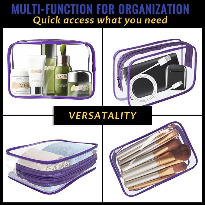 16 Pieces Clear Makeup Bag PVC Zippered Clear Toiletry Carry Pouch Portable Cosmetics Bag Waterproof Makeup Bag Vinyl Plastic Organizer Case for Travel Vacation Bathroom (Purple-M)