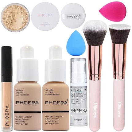 PHOERA Foundation,Full Coverage Foundation,PHOERA Primer,PHOERA Powder,PHOERA Concealer PHOERA Makeup Set, Kabuki Makeup Brushes Foundation Brush Powder Brush,2 Makeup Sponge(2PCS 102- Nude)