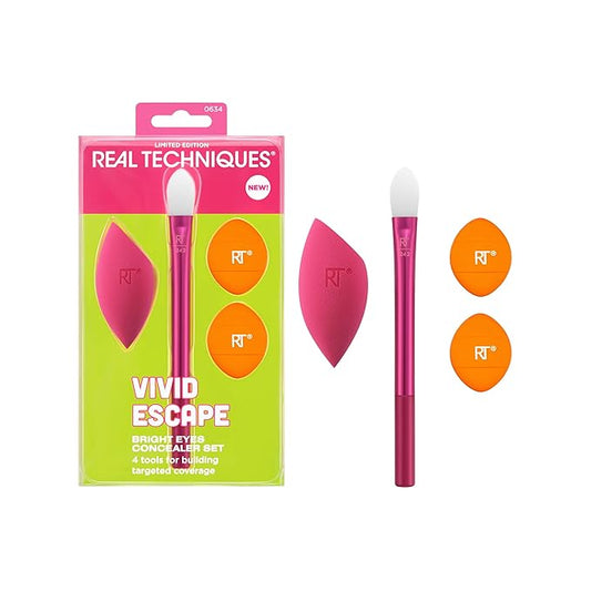 Real Techniques Vivid Escape Bright Eyes Concealer 4 Piece Set, Includes Kitten Paw Makeup Brush, Powder Puff, & Concealer Makeup Blending Sponge, Targeted Concealing, Travel Friendly, Cruelty-Free