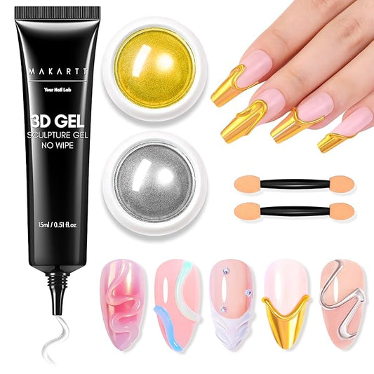 Makartt 3D Gel Nail Art & Chrome Nail Powder Kit: 15g Sculpting Gel for Nail Art DIY No wipe 3D Molding and Metallic Chrome Powder Set for Decoration Manicure Pedicure Use