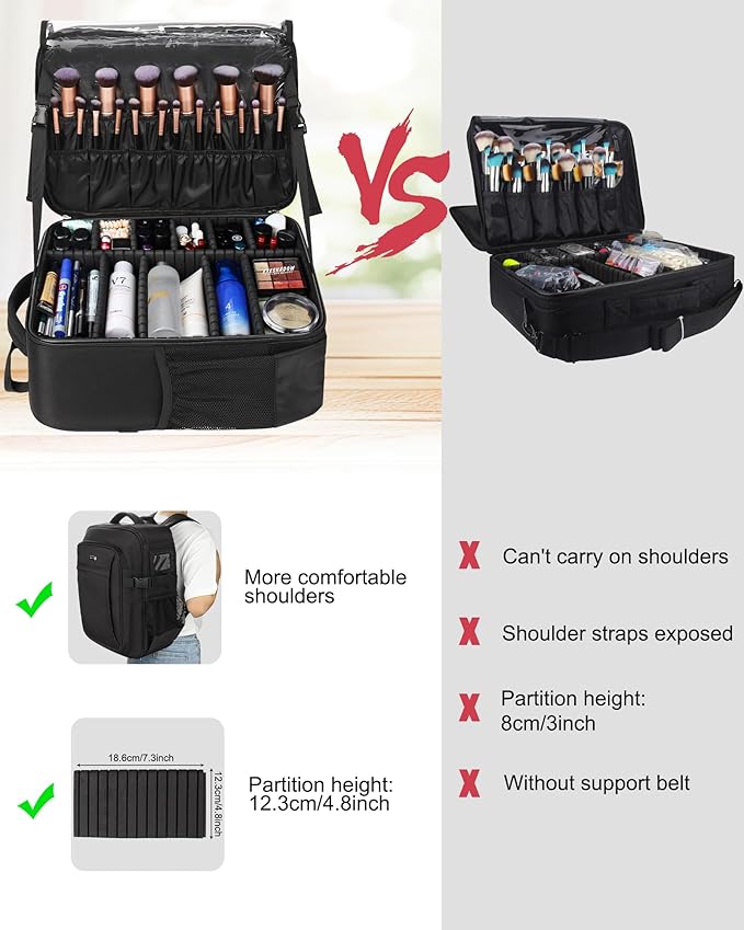 Relavel Makeup Backpack, Professional Travel Train Case Makeup Artist Kit Set Bag for Women Extra Large Cosmetic Organizer, Brush Storage Holder, with Adjustable High Dividers, Black