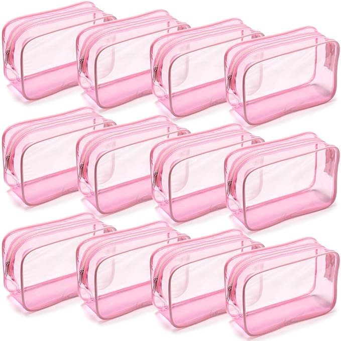 Weewooday 12 Pieces Clear Makeup Bags Cosmetic Storage Bags PVC Zipper Pouches Travel Waterproof Makeup Plastic Case for Women Organizing Toiletries Traveling Bathroom(Large,Light Pink)