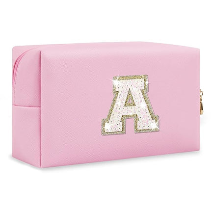 Small Personalized Initial A-Z Patch Makeup Bag,Pink Cute PU Leather Glitter Letter Cosmetic Bag for Teen Girls,Travel Toiletry Bag with Zipper,Preppy Monogrammed Birthday Gift for Daughter Niece A