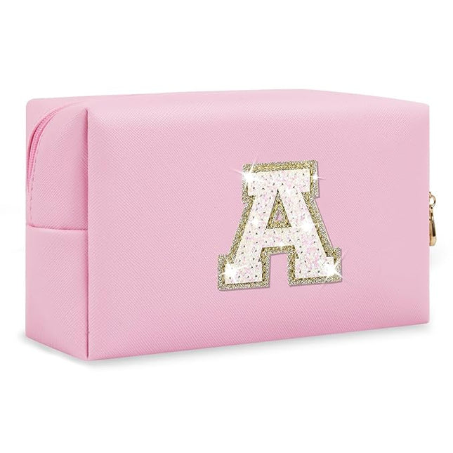 Small Personalized Initial A-Z Patch Makeup Bag,Pink Cute PU Leather Glitter Letter Cosmetic Bag for Teen Girls,Travel Toiletry Bag with Zipper,Preppy Monogrammed Birthday Gift for Daughter Niece A