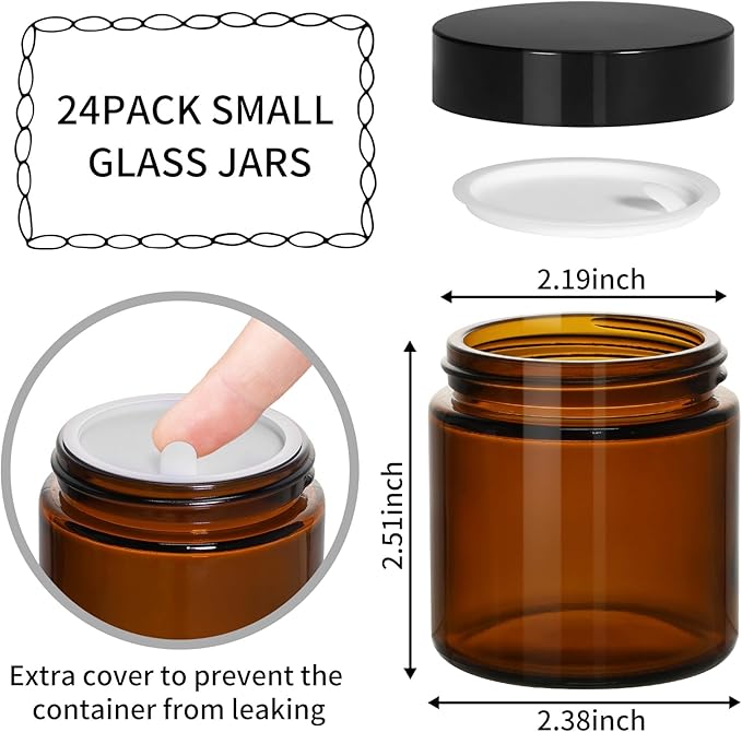 KEYWING 4oz Small Glass Jars with Black Lids, 24 Pack Amber Empty Cosmetic Containers Round Glass Jar with Inner Liners for Lotions, Powders and Ointments