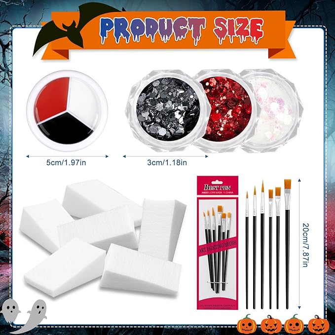 16 Pcs Halloween Face Paint Kit Red White Black Face Paint Kit with Glitter Makeup Brush Sponges for Halloween Cosplay Party Supplies