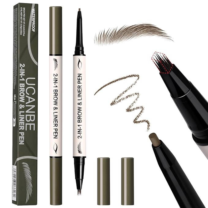UCANBE 2-in-1 Eyebrow Pen & Gel Eyeliner Pencil – Microblading Eye Brow Pencil with Brow-Fection Angled Brush Tip + 1.5mm Ultra-Fine Eye Liner, Waterproof, Quick-Dry, Long Lasting (Brown)