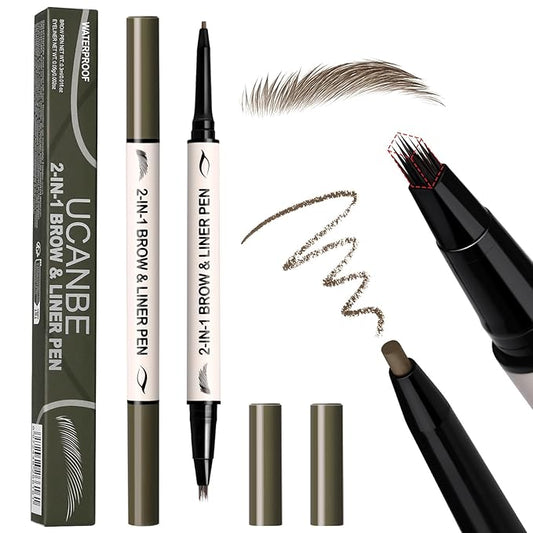 UCANBE 2-in-1 Eyebrow Pen & Gel Eyeliner Pencil – Microblading Eye Brow Pencil with Brow-Fection Angled Brush Tip + 1.5mm Ultra-Fine Eye Liner, Waterproof, Quick-Dry, Long Lasting (Brown)