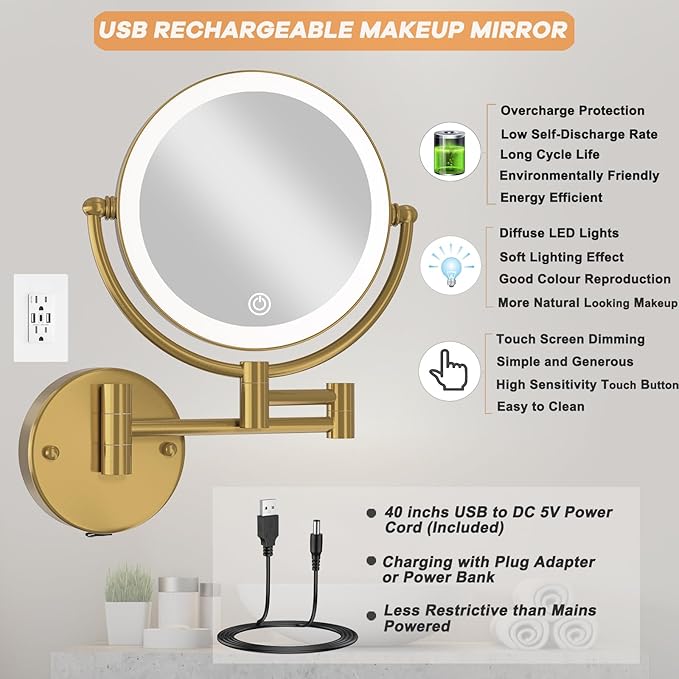 8” Wall Mounted Makeup Mirror 1X/10X Magnification, Rechargeable 2 Sided Touch Dimming with LED Lights 360 Swivel Extendable Arm Shaving Mirror, Brushed Moderne Brass