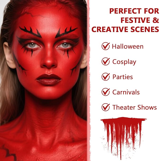 Face Body Paint Kit for Kids & Adults, Non-Toxic Water-Based Professional Face Painting Palette with Brushes for Halloween Clown Goth Vampire SFX Makeup, Art Stage Cosplay Parties, Red