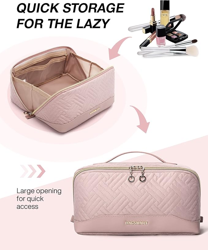 BAGSMART Makeup Bag Cosmetic Bag, Travel Makeup Bag,Water-resistent Makeup Bags for Women Portable Pouch Open Flat Make Up Organizer Bag for Toiletries, Brushes, Pink