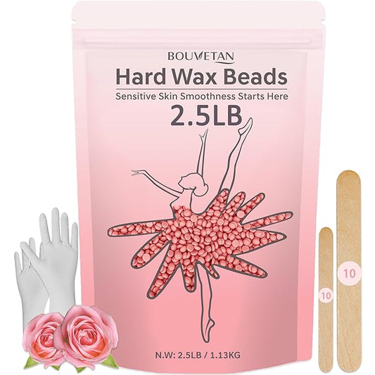 Wax Beads 2.5lb - Bouvetan Hard Wax Beans for Hair Removal, Sensitive Skin, Idea Waxing Beads for Full Body, Brazilian, Bikini, Face, Underarm, Eyebrows (Pink)