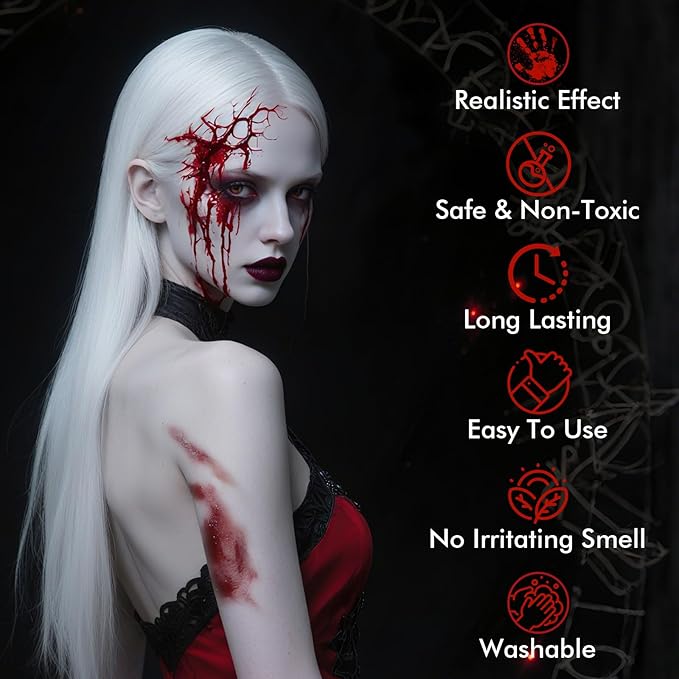Halloween Fake Blood Makeup Kit, Realistic Washable SFX Makeup Kit with Fake Blood Spray Dripping Blood and Coagulated Gel Blood for Halloween Face Paint Zombie Monster Mouth Clothes Dress Up