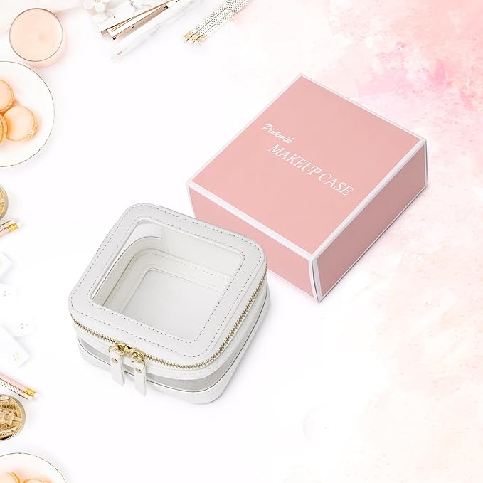 Pinkmik Small Makeup Bag Clear Mini Cosmetic Makeup Case & Toiletry Bag with Zipper Women's Purse Organizer & Car Essentials (White, MINI-2)