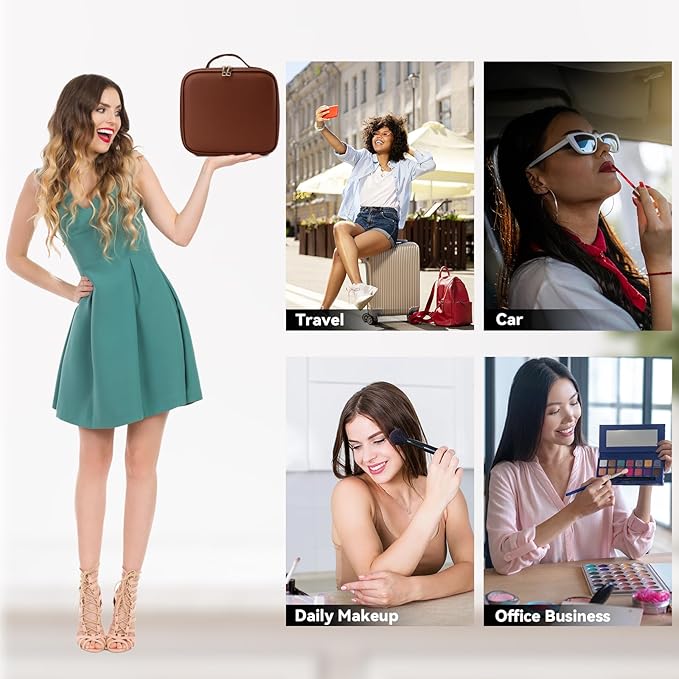 Travel Makeup Bag with LED Mirror and 10x magnifying glass with 3 Lighted Settings, Adjustable Dividers and Makeup Brush Storage Bag Dark Brown