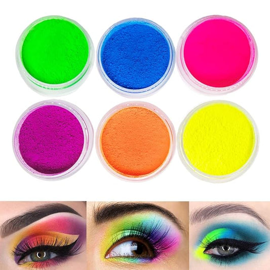 Neon Pigment Eyeshadow Powder UV Reactive Glow in the Blacklight 6 Mixed Bright True Colors for Body/Eyeshadow, Carnival Party Halloween Makeup (6NE)