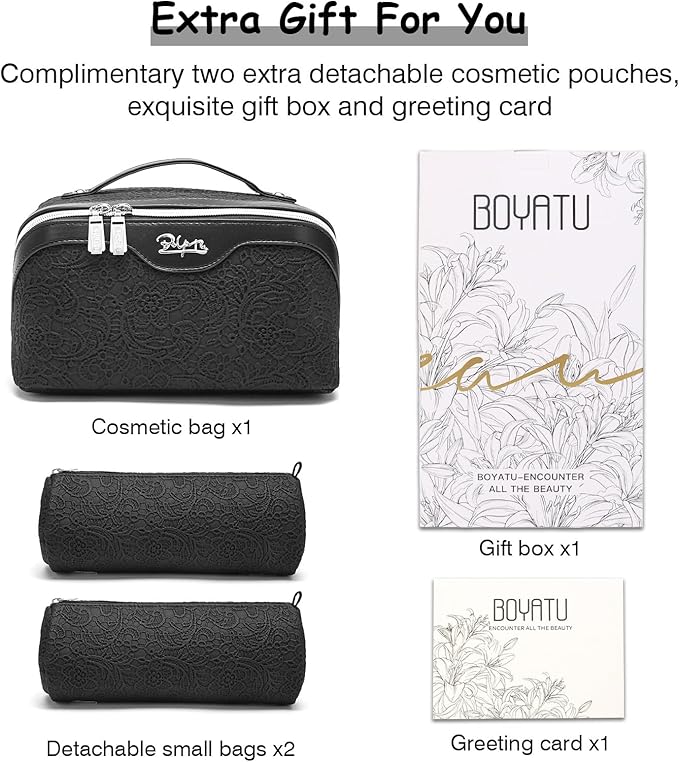 BOYATU Travel Makeup Bags for Women: Vegan Leather Cosmetic Bag Set of 3 - Large Capacity Make up Bag with Divider - Wide Open Waterproof Toiletry Organizer Bag with Handle (L12-Black)