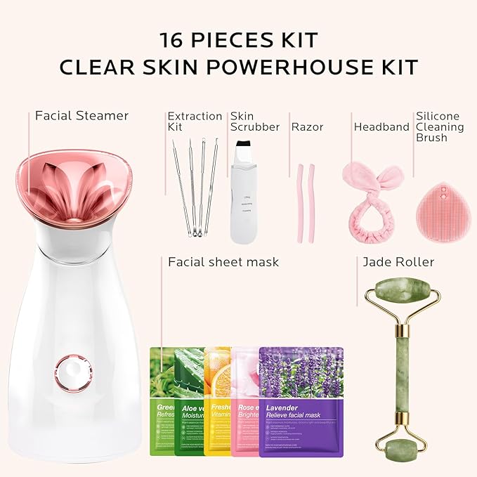Facial Steamer Skin Care Kit: Face Steamer Home Spa Deep Cleaning Unclogs Pores - Humidifier Hot Mist Relaxing Self Care Gifts for Women with 17 Skin Care Tools