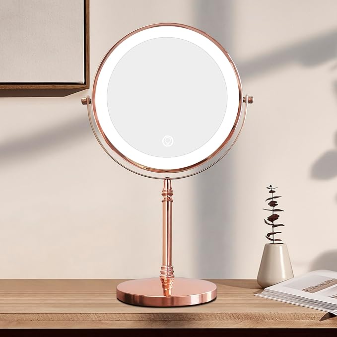 Nicesail 1X/10X Magnifying Mirror with 3 Color Dimmable Lighting, Makeup Mirrors Light up and Magnified with 360 Rotation for Table, Rose Gold(8 Inch, 10X Magnification)