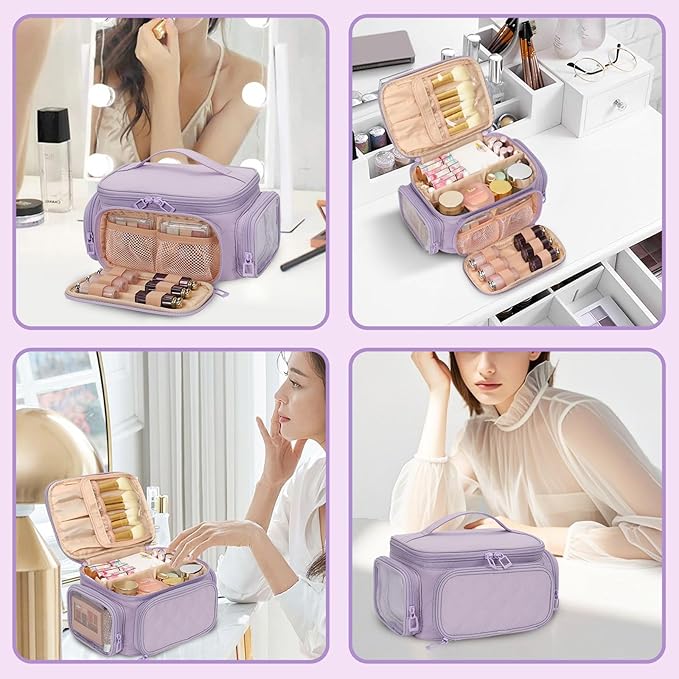 OCHEAL Makeup Bag,Travel Cosmetic Cases Makeup Organizer Bag for Women with Zipper Pouch and Side Pocket, Multifunctional Compartments and Dividers,Make up Toiletries, Brushes & Beauty Tools-Purple