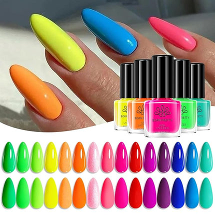 Born Pretty Neon Nail Polish Set, 15 Colors Spring Summer Nail Polish Quick Dry Nail Polish Kit Hot Pink Yellow Green Blue Neon Nail Lacquer Manicure Set for DIY Nail Art Salon Home Gift