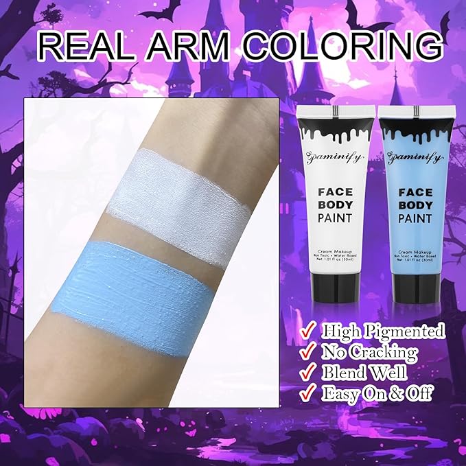 White Light Blue Face Body Paint 1.01/pc with 2 Sponges,Water Based Face Paint Kit for Corpse Bride Cosplay Sally Makeup,Halloween SFX Makeup Cream Face Painting,2.02 oz