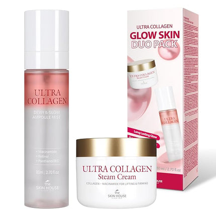 ULTRA COLLAGEN Glow Skin Duo Pack, Hydrating Ampoule Mist & Steam Cream Set, Retinol, Deep Moisture Collagen & Niacinamide, Winter Skincare Gift for Dry Skin, K-Beauty Moisturizing Glow Kit