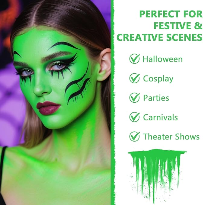 Face Body Paint Kit for Kids & Adults, Non-Toxic Water-Based Professional Face Painting Palette with Brushes for Halloween Goth Vampire SFX Makeup, Art Stage Cosplay Parties, Fluorescent Green