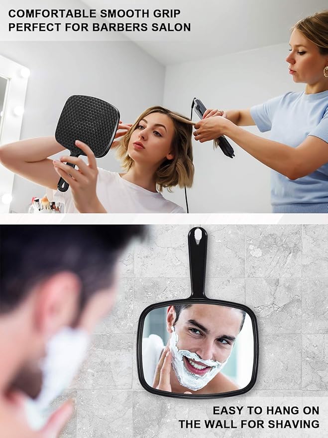 Hand Mirror, Barber Hairdressing Handheld Mirror with Handle for Salon, Square, Black, Large,Pack of 3
