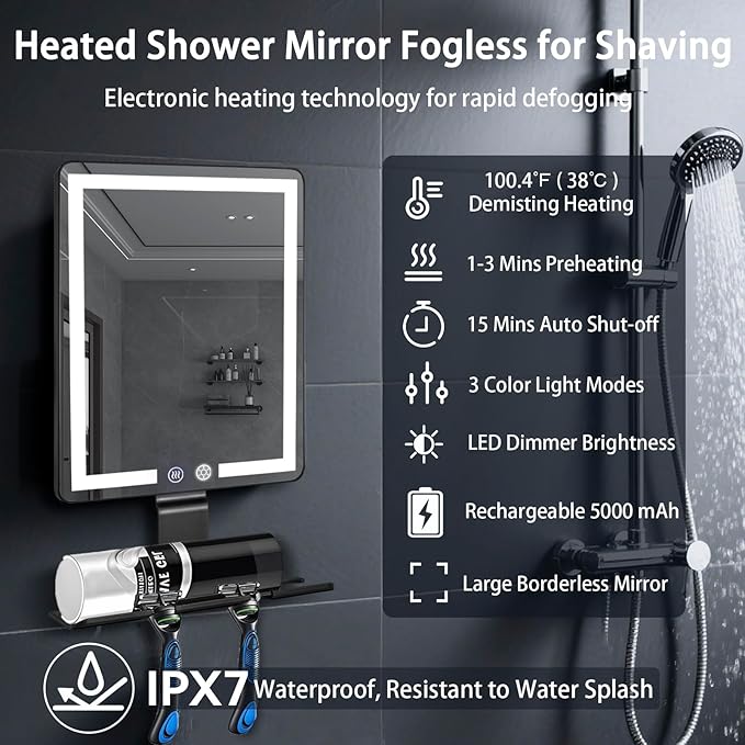 DESCHEN 2025 Updated Heated Shower Mirror Fogless for Shaving Men with 3 Color Lights, 5000mAh Rechargeable Anti Fog Shaving Mirror for Shower Fogless, 12.5×8" Borderless Mirror with Razor Holder