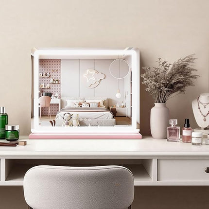 ROLOVE Pink Makeup Mirror with Lights, 23x18 Inch - 3 Color Modes, Dimmable LED Light up Mirror with 10X Magnification - Pink Vanity Mirror Wall&Tabletop Mount for Teen Girls