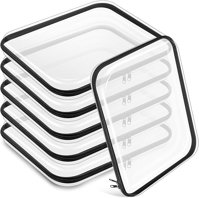 Sanwuta 6 Pcs Clear Hard Zipper Case Pencil Pouches Hard Plastic Zipper Pouches Makeup Bag Transparent Cases for Snacks Plastic Storage Organizer Box for Travel(Black,13.78 x 11.81 x 2 Inch)